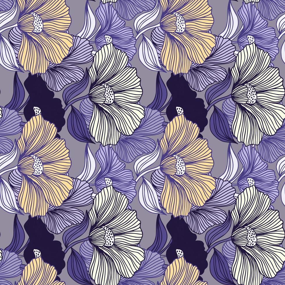 Abstract flower line seamless pattern. Delicate floral vintage outline endless background. Retro style. vector
