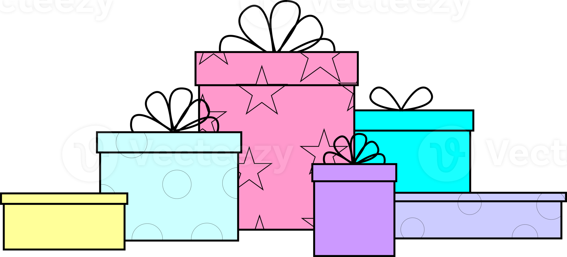 simple graphic drawing of multicolored gift boxes with black outline in different sizes, isolated element png