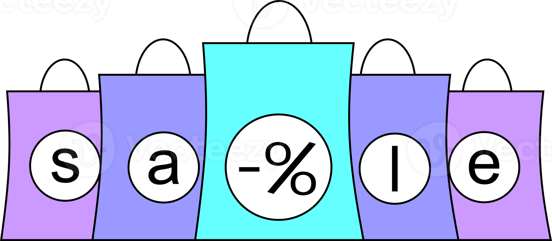 simple color graphic drawing with black outline of paper bags from the store, isolated element png