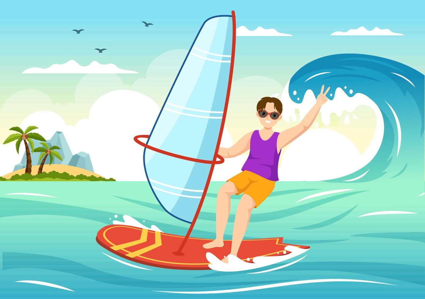 Windsurfing with the Person Standing on the Sailing Boat and Holding the Sail in Extreme Water Sport Flat Cartoon Hand Drawn Templates Illustration vector