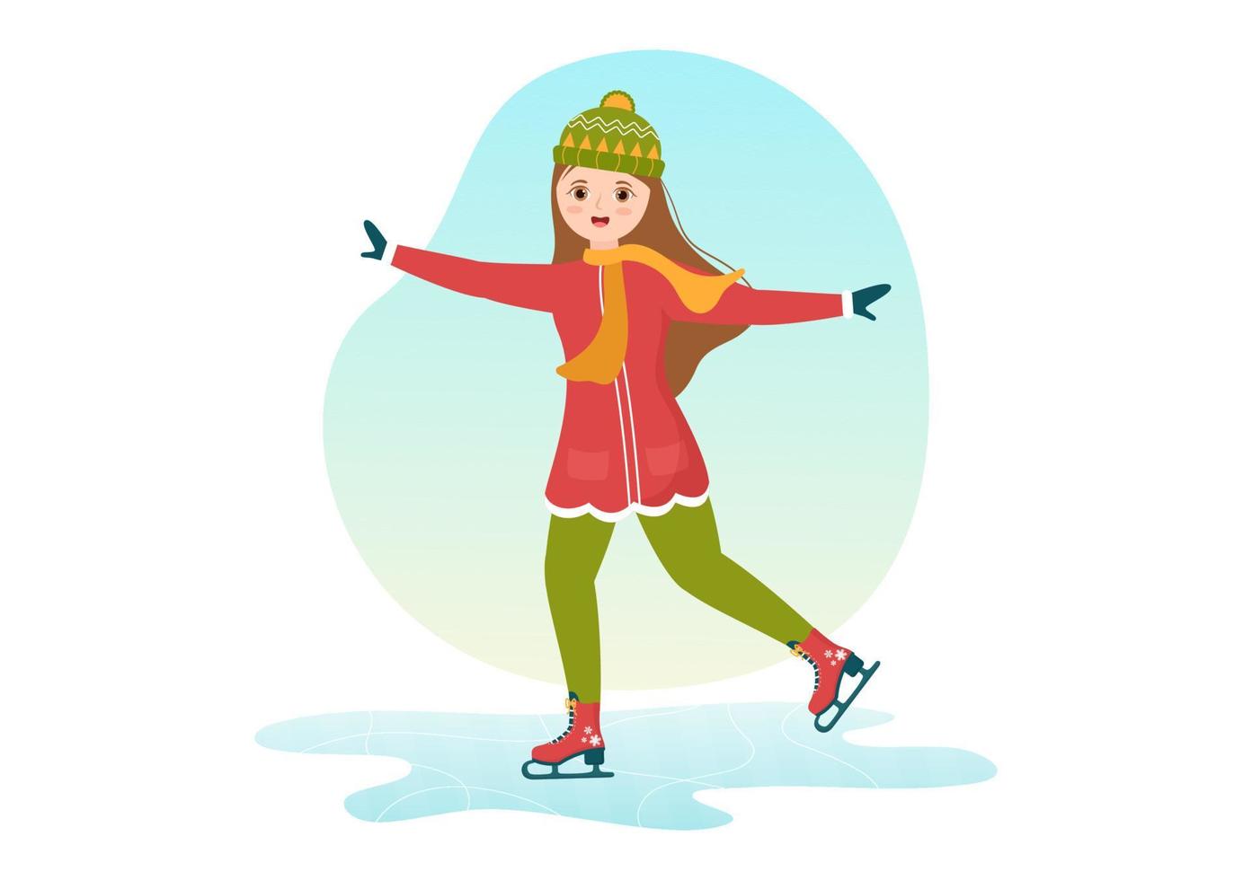 People Skating on Ice Rink Wearing Winter Clothes for Outdoor Activity or Sports Recreation in Flat Cartoon Hand Drawn Templates Illustration vector