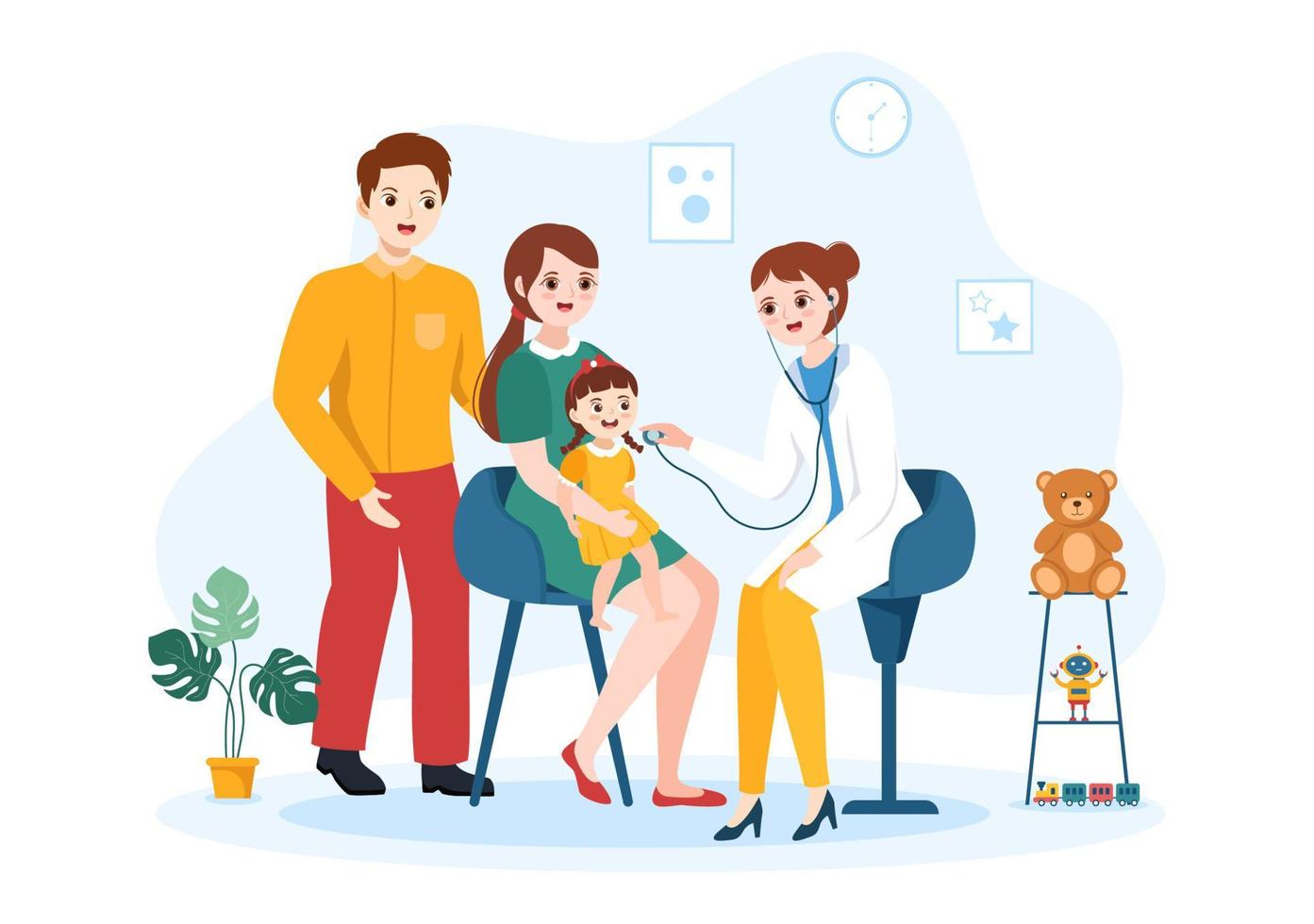Pediatrician Examines Sick Kids and Baby for Medical Development, Vaccination and Treatment in Flat Cartoon Hand Drawn Templates Illustration vector