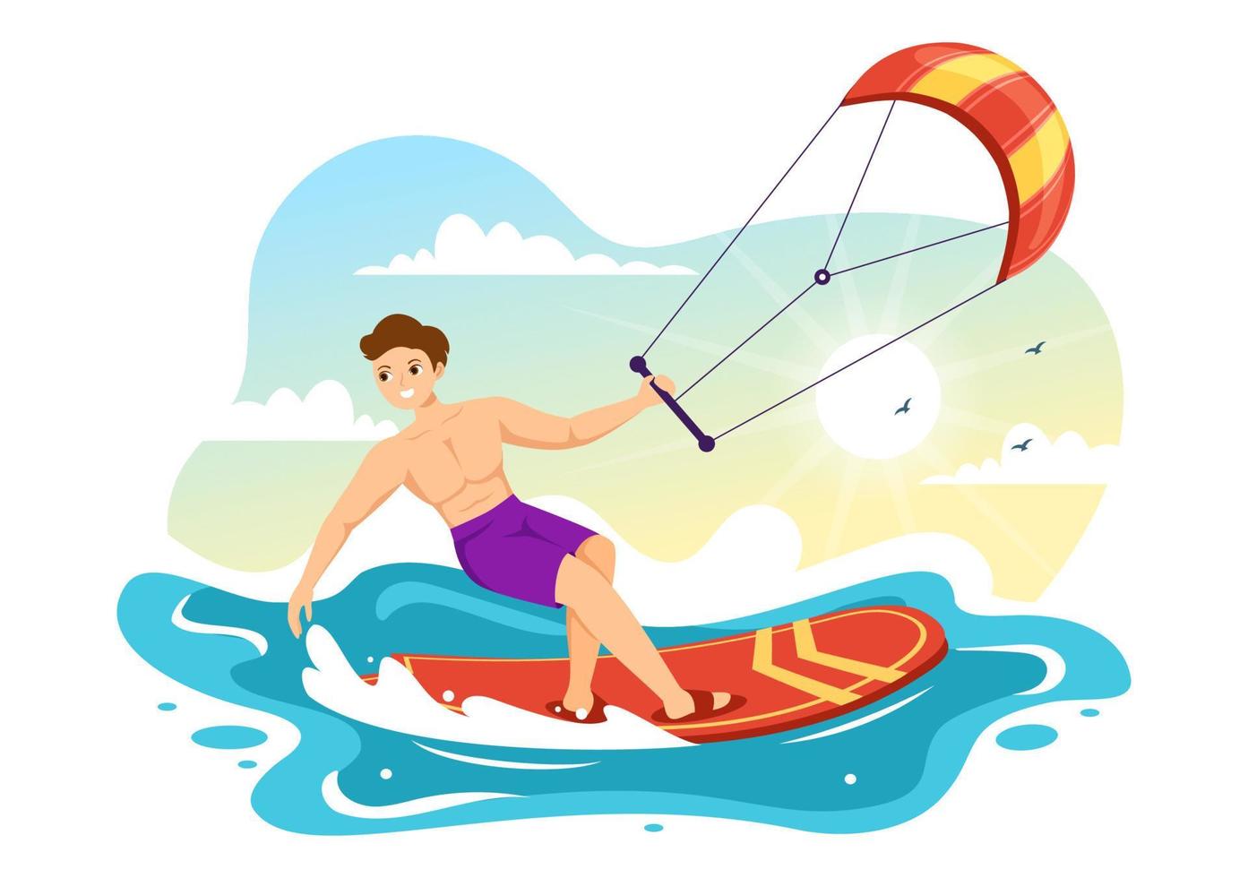 ilustración de kitesurf con kite surfista de pie en kiteboard en el mar de verano en deportes acuáticos extremos plantilla dibujada a mano de dibujos animados planos vector