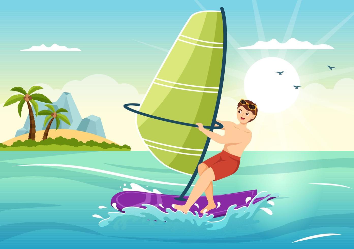 windsurf con la persona de pie en el velero y sosteniendo la vela en deportes acuáticos extremos ilustración de plantillas dibujadas a mano de dibujos animados planos vector