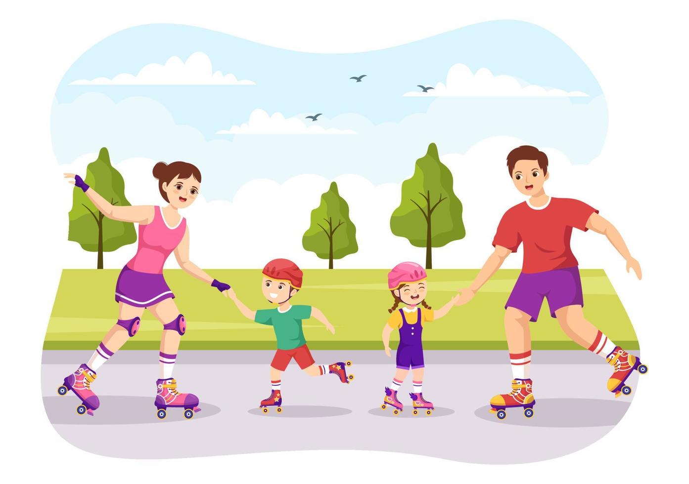 niños montando patines en el parque de la ciudad para actividades al aire libre, recreación deportiva o ocio de fin de semana en dibujos animados planos dibujados a mano ilustración de plantillas vector