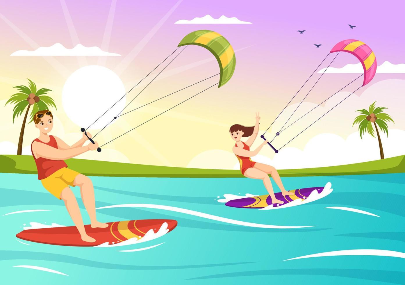 Kitesurfing Illustration with Kite Surfer Standing on Kiteboard in the Summer Sea in Extreme Water Sports Flat Cartoon Hand Drawn Template vector
