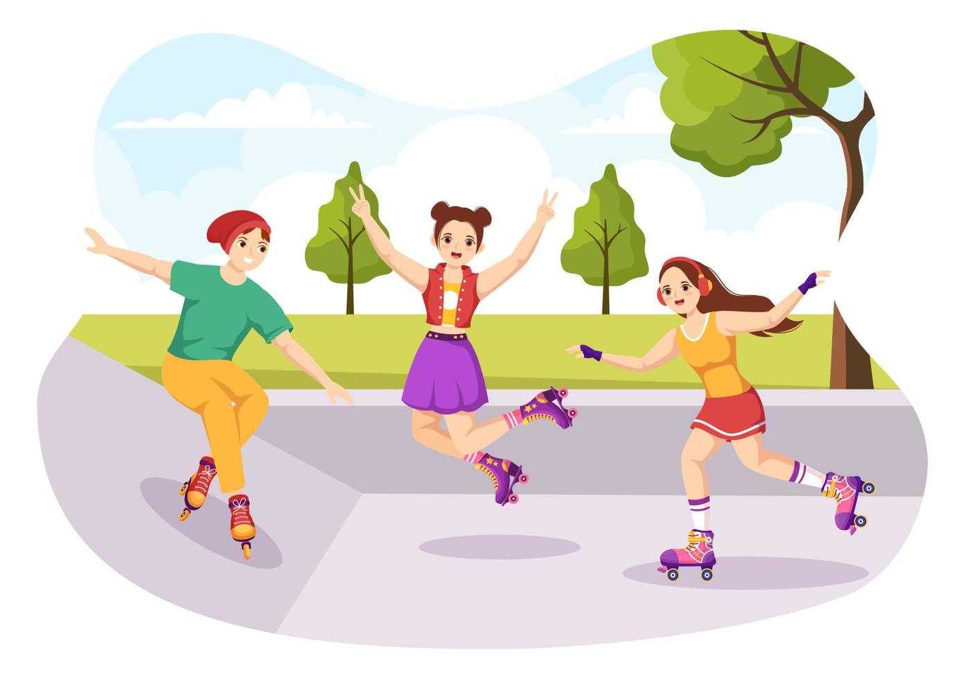 People Riding Roller Skates in City Park for Outdoor Activity, Sports Recreation or Weekend Recreation in Flat Cartoon Hand Drawn Template Illustration vector