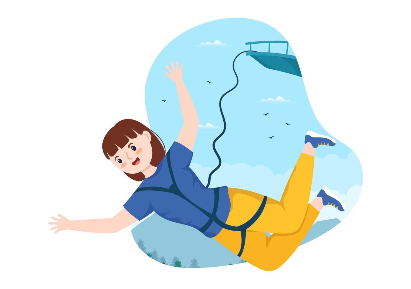 ilustración de puenting con una persona que lleva una cuerda elástica que cae saltando desde una altura en una plantilla vectorial de dibujos animados planos de deportes extremos vector