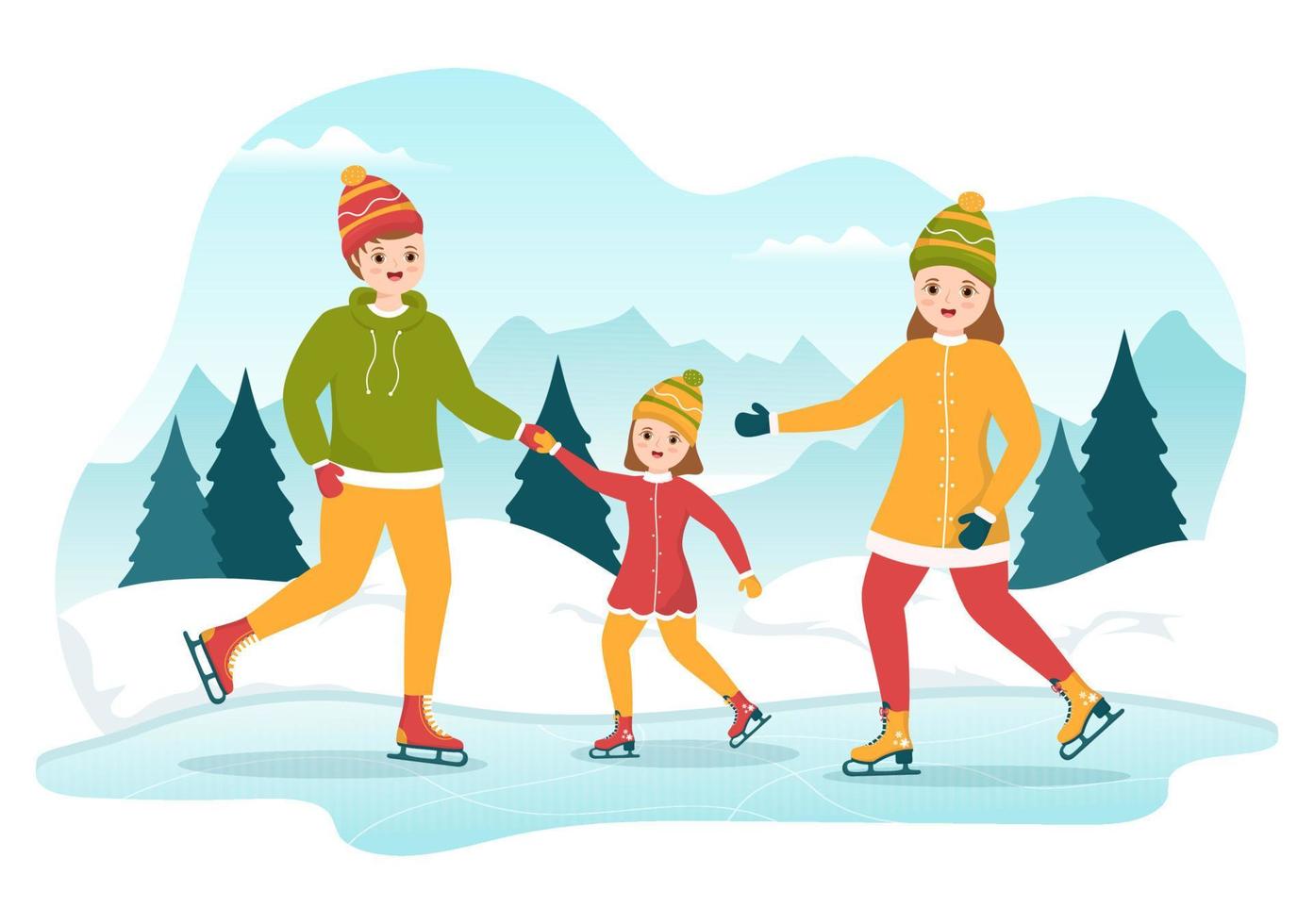 hombres, mujeres y niños patinando en la pista de hielo vistiendo ropa de invierno para actividades al aire libre en dibujos animados planos dibujados a mano ilustración de plantillas vector