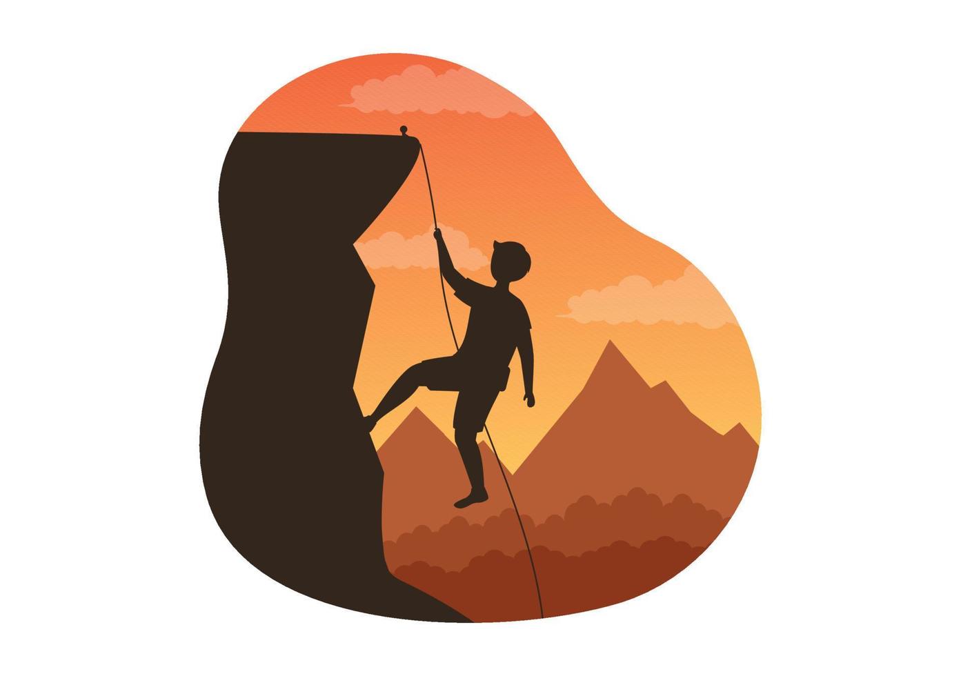 Cliff Climbing Illustration with Climber Climb Rock Wall or Mountain Cliffs and Extreme Activity Sport in Flat Cartoon Hand Drawn Template vector