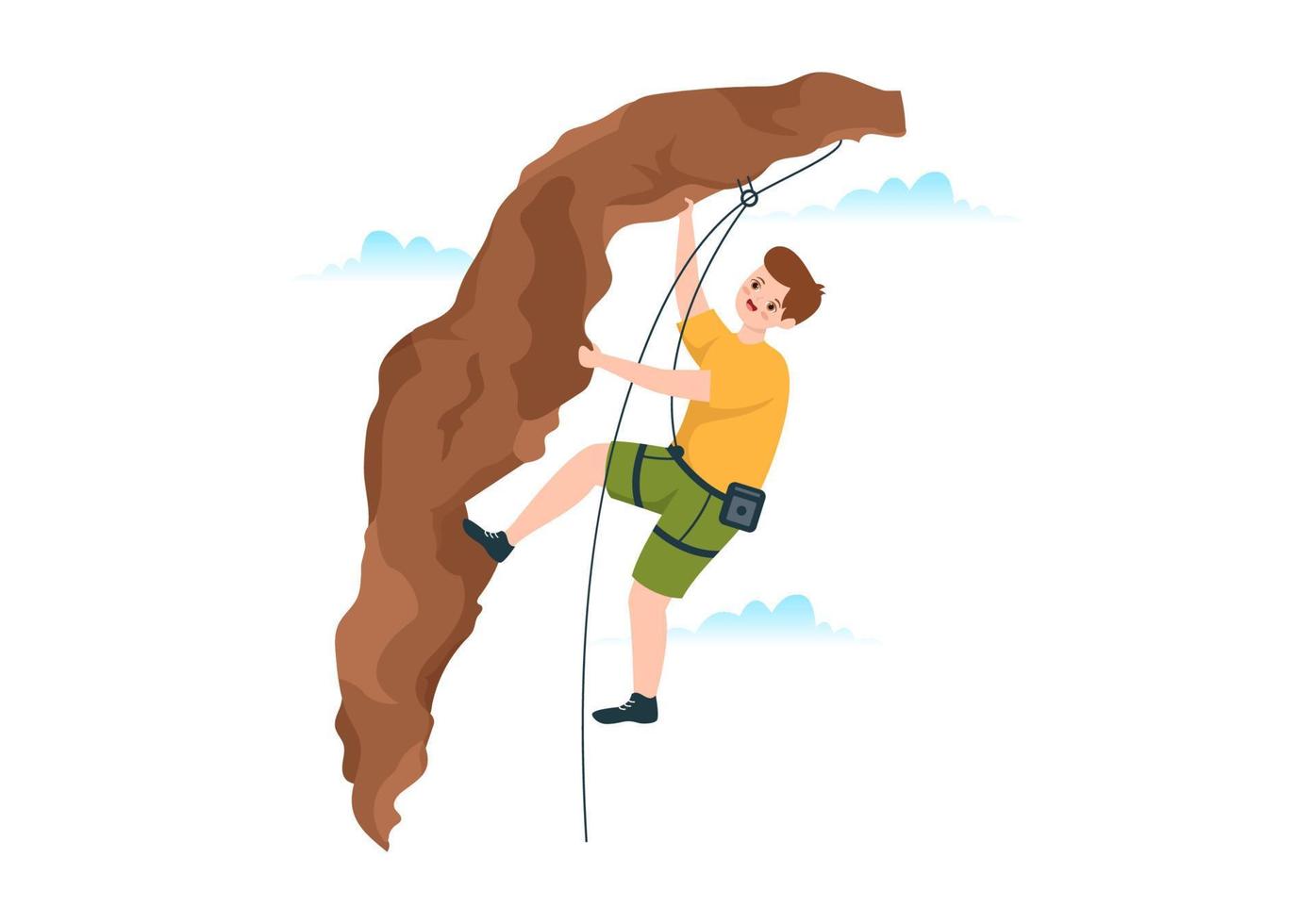 ilustración de escalada de acantilados con escalador escalar pared de roca o acantilados de montaña y deporte de actividad extrema en plantilla dibujada a mano de dibujos animados planos vector