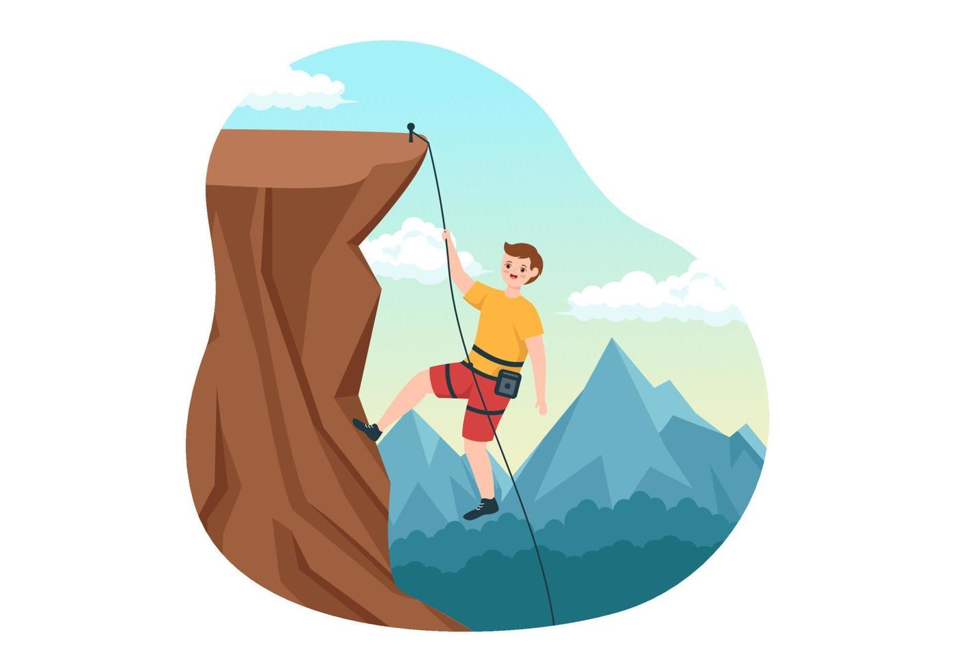 ilustración de escalada de acantilados con escalador escalar pared de roca o acantilados de montaña y deporte de actividad extrema en plantilla dibujada a mano de dibujos animados planos vector