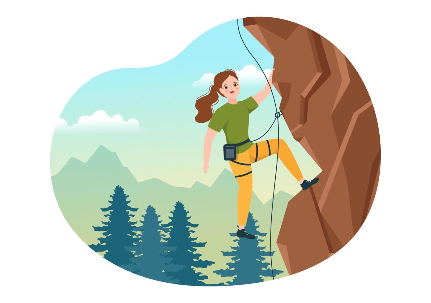 Cliff Climbing Illustration with Climber Climb Rock Wall or Mountain Cliffs and Extreme Activity Sport in Flat Cartoon Hand Drawn Template vector