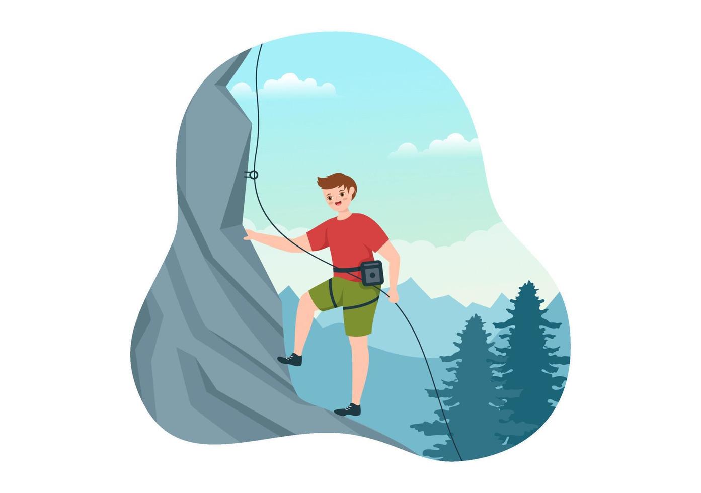 Cliff Climbing Illustration with Climber Climb Rock Wall or Mountain Cliffs and Extreme Activity Sport in Flat Cartoon Hand Drawn Template vector