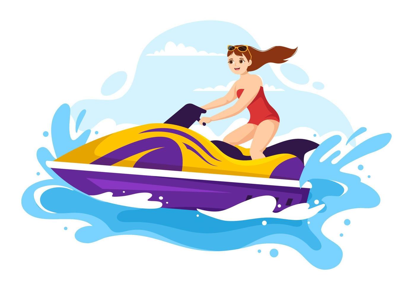 la gente viaja en moto acuática ilustración recreación de vacaciones de verano, deportes acuáticos extremos y actividad en la playa del resort en plantilla de caricatura plana dibujada a mano vector