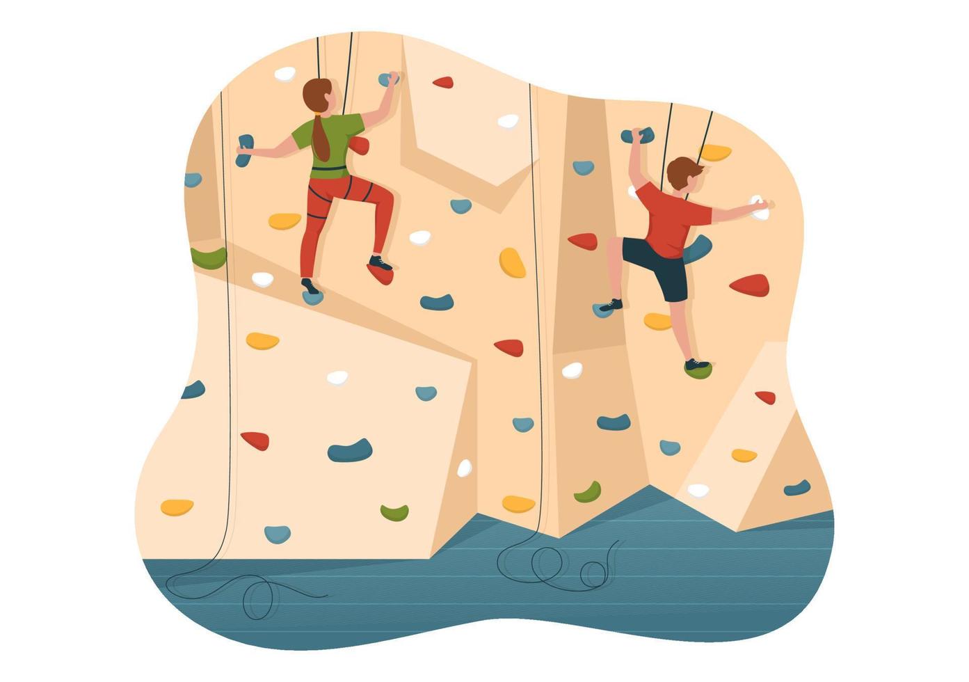 ilustración de escalada de acantilados con escalador escalar pared de roca o acantilados de montaña y deporte de actividad extrema en plantilla dibujada a mano de dibujos animados planos vector