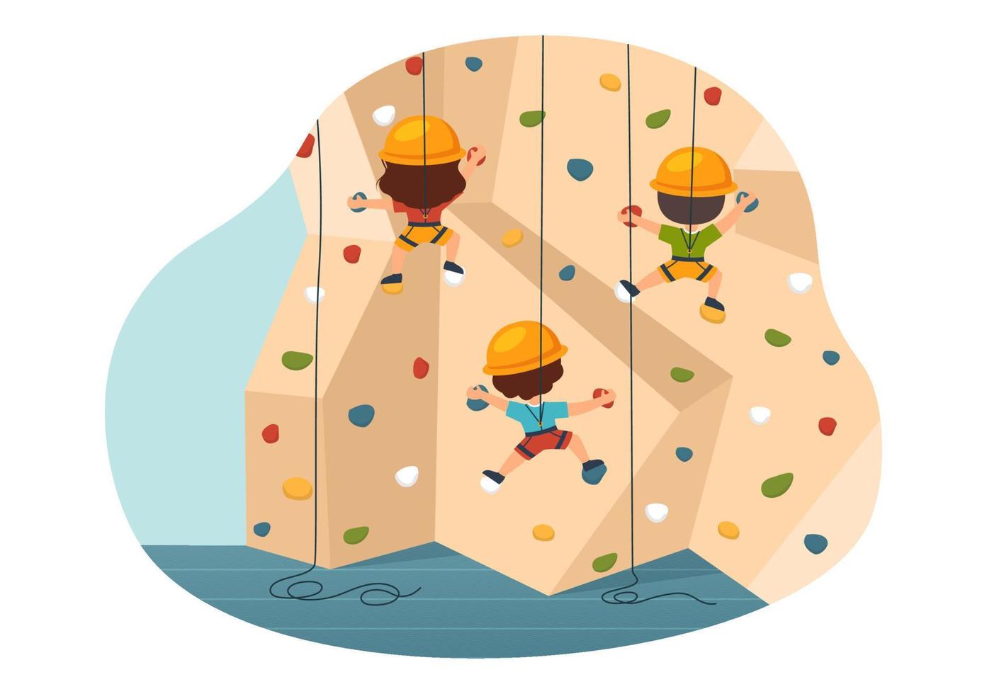 ilustración de escalada de acantilados con niños escalador escalar pared de roca o acantilados de montaña y deporte de actividad extrema en plantilla dibujada a mano de dibujos animados planos vector