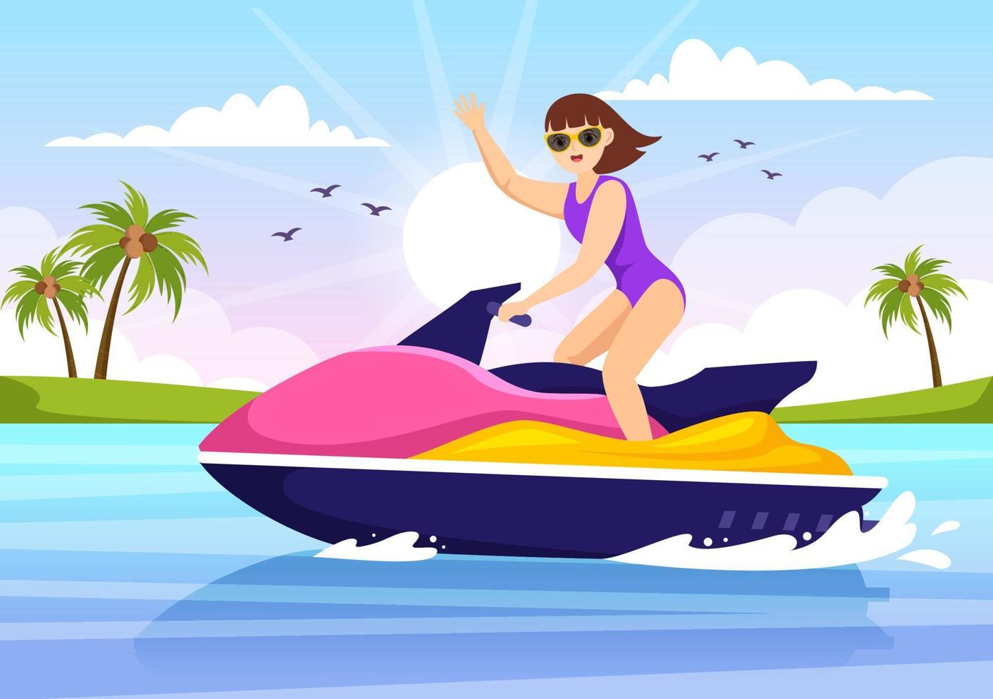 la gente viaja en moto acuática ilustración recreación de vacaciones de verano, deportes acuáticos extremos y actividad en la playa del resort en plantilla de caricatura plana dibujada a mano vector