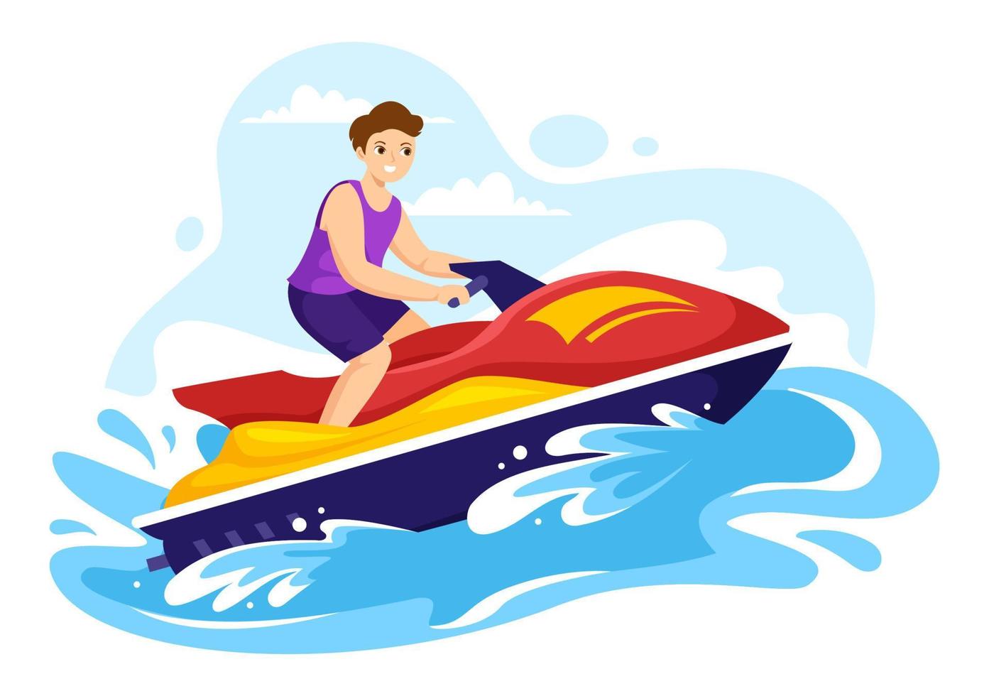 la gente viaja en moto acuática ilustración recreación de vacaciones de verano, deportes acuáticos extremos y actividad en la playa del resort en plantilla de caricatura plana dibujada a mano vector