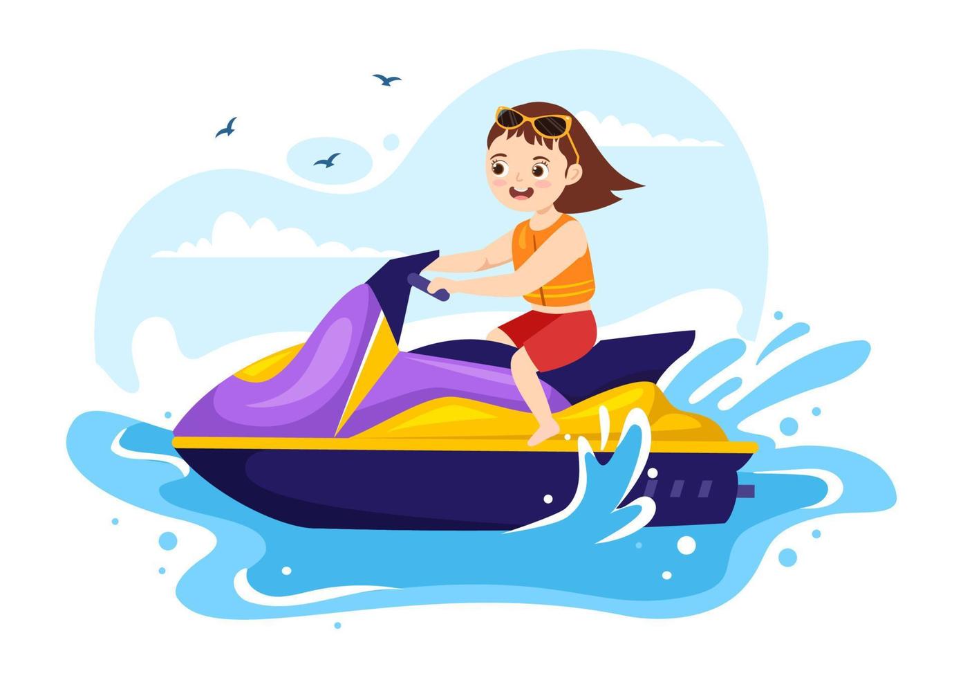 los niños viajan en moto acuática ilustración recreación de vacaciones de verano, deportes acuáticos extremos y actividad en la playa del resort en plantilla de caricatura plana dibujada a mano vector