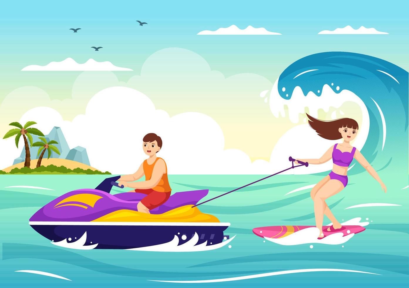 la gente viaja en moto acuática ilustración recreación de vacaciones de verano, deportes acuáticos extremos y actividad en la playa del resort en plantilla de caricatura plana dibujada a mano vector