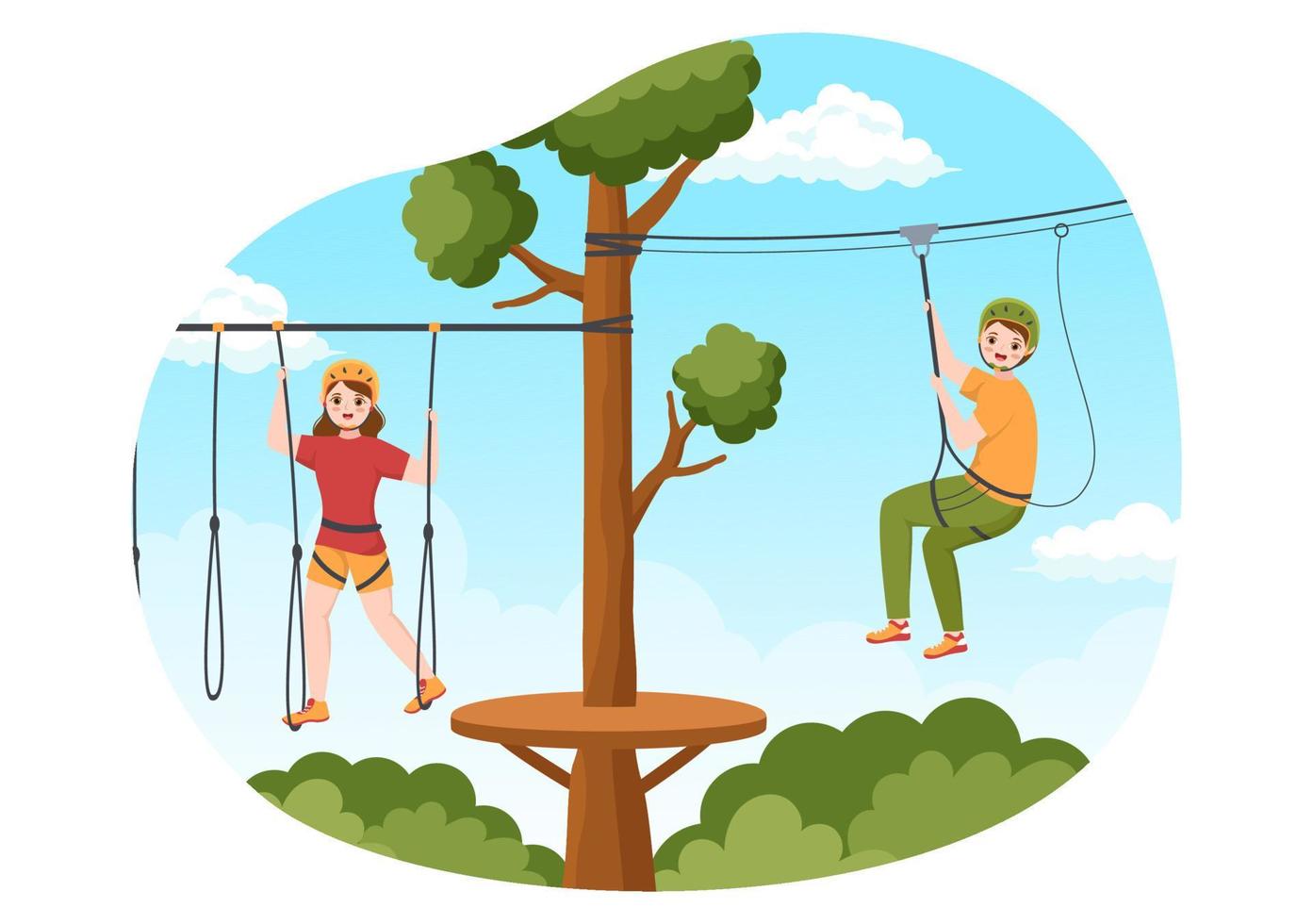 Zip Line Illustration with Visitors Walking on an Obstacle Course and Outdoor Rope Adventure Park in Forest in Flat Cartoon Hand Drawn Templates vector