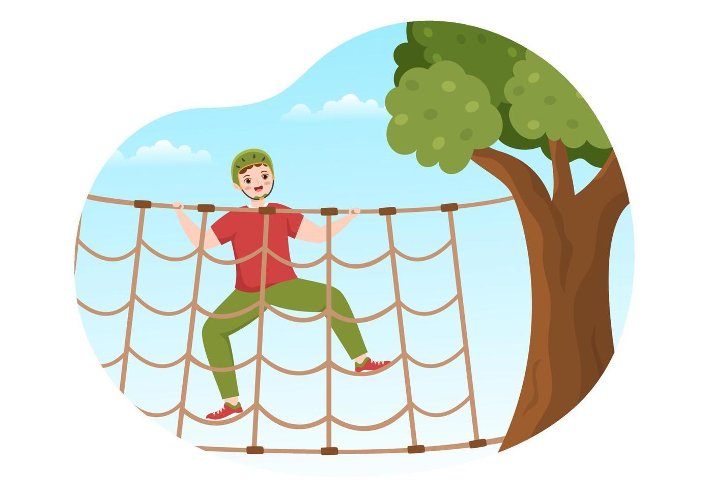 Zip Line Illustration with Visitors Walking on an Obstacle Course and Outdoor Rope Adventure Park in Forest in Flat Cartoon Hand Drawn Templates vector