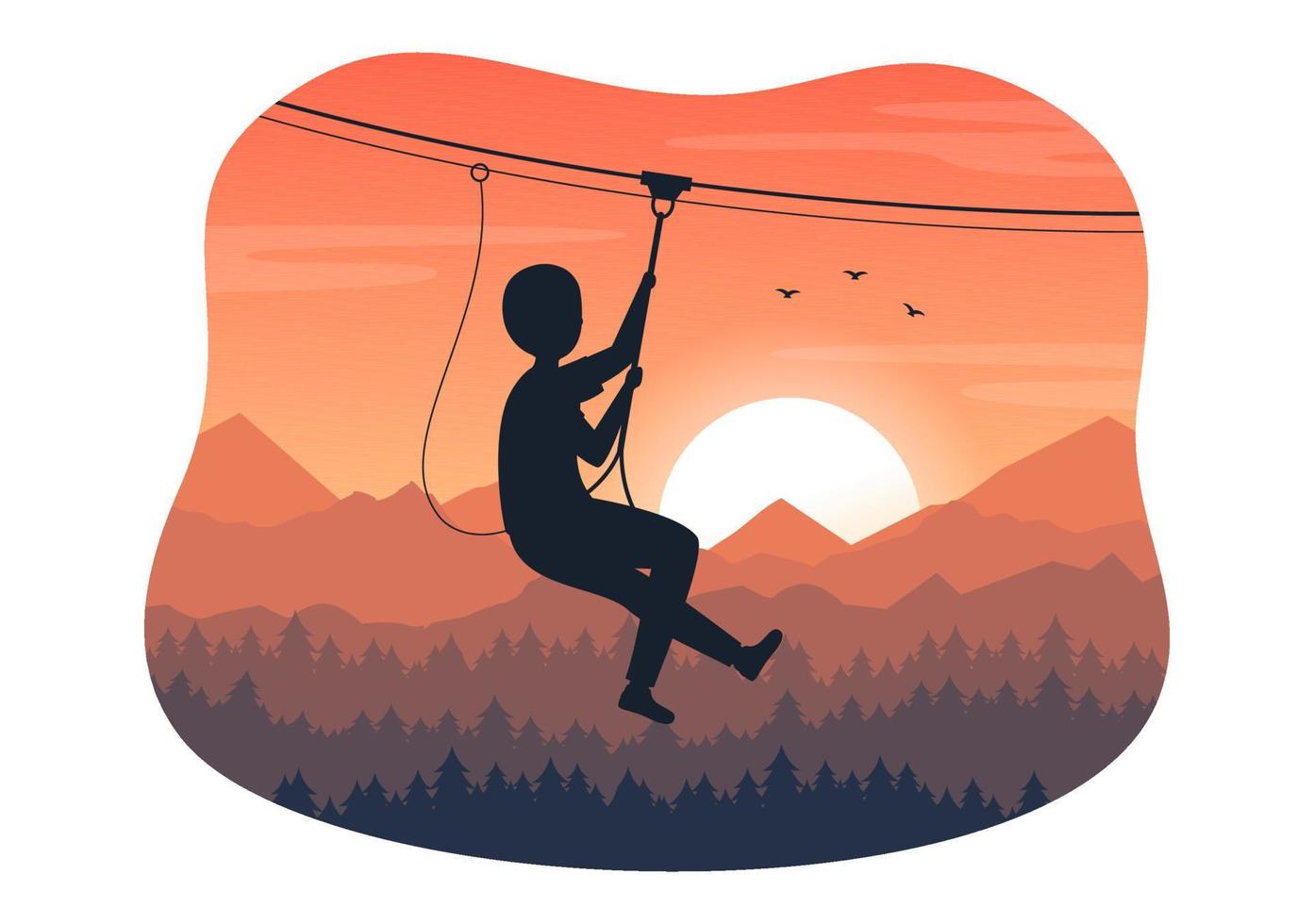 Zip Line Illustration with Visitors Walking on an Obstacle Course and