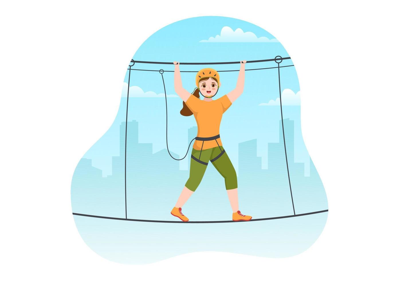 Zip Line Illustration with Visitors Walking on an Obstacle Course and
