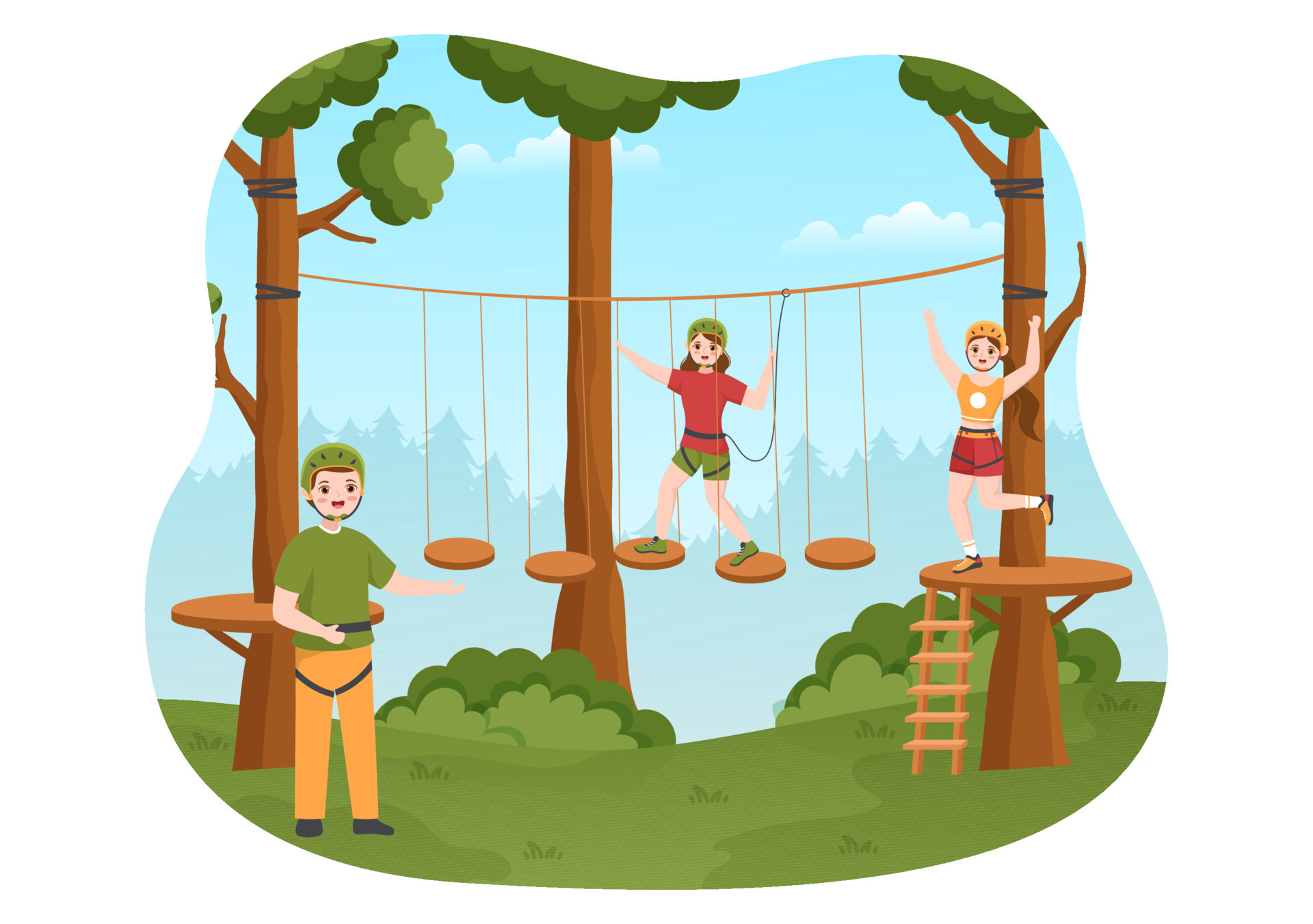 Zip Line Illustration with Visitors Walking on an Obstacle Course and Zip Line Illustration with Visitors Walking on an Obstacle Course and