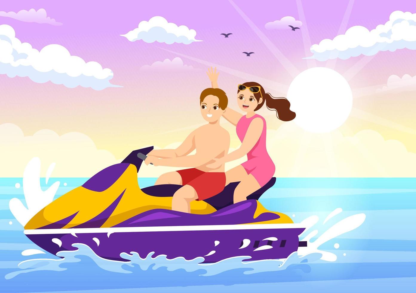 la gente viaja en moto acuática ilustración recreación de vacaciones de verano, deportes acuáticos extremos y actividad en la playa del resort en plantilla de caricatura plana dibujada a mano vector