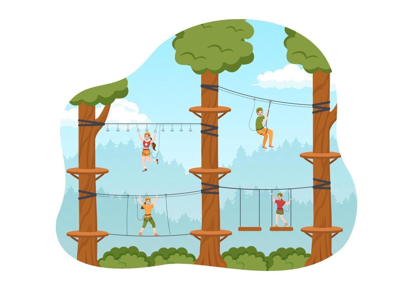 Zip Line Illustration with Visitors Walking on an Obstacle Course and Outdoor Rope Adventure Park in Forest in Flat Cartoon Hand Drawn Templates vector