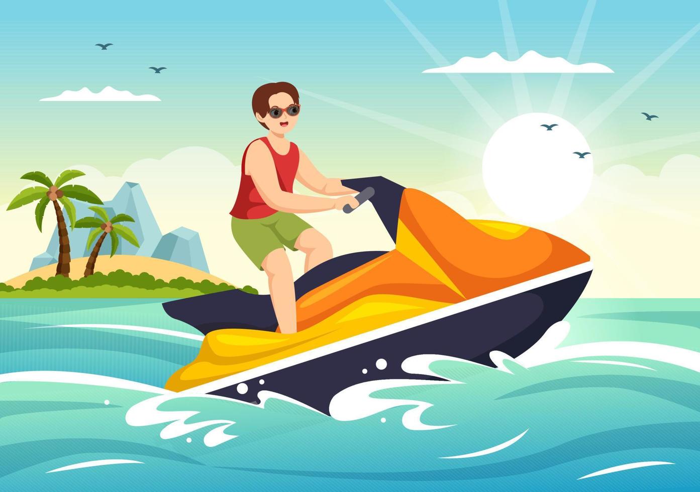 la gente viaja en moto acuática ilustración recreación de vacaciones de verano, deportes acuáticos extremos y actividad en la playa del resort en plantilla de caricatura plana dibujada a mano vector