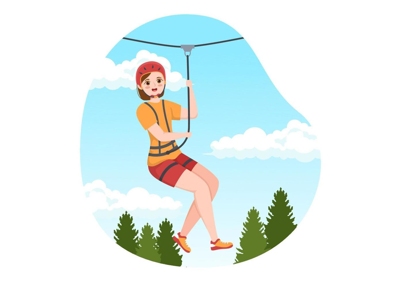 Zip Line Illustration with Visitors Walking on an Obstacle Course and