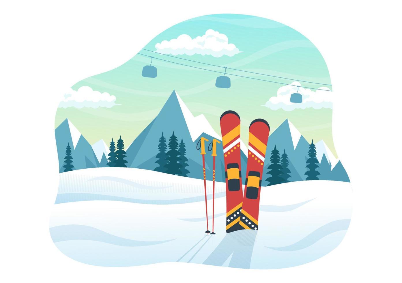 ilustración de esquí con esquiadores deslizándose cerca de la montaña yendo cuesta abajo en la estación de esquí en actividades deportivas de invierno planas plantillas dibujadas a mano de dibujos animados vector