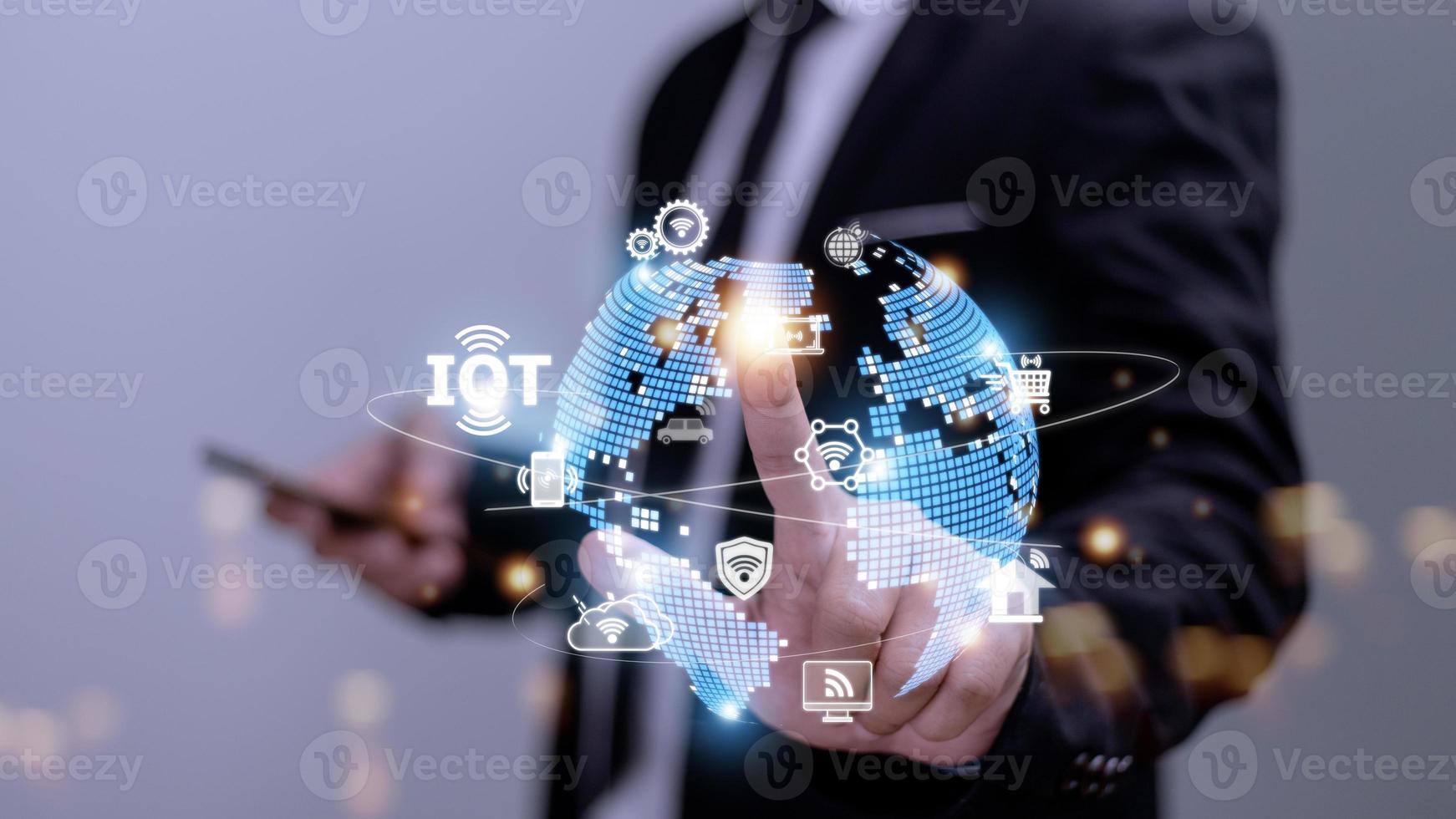 IOT virtual screen interface. Internet of Things or IOT technology concept, with icons of typical IoT. Intelligent house, car, cloud computing, network system, shopping. photo