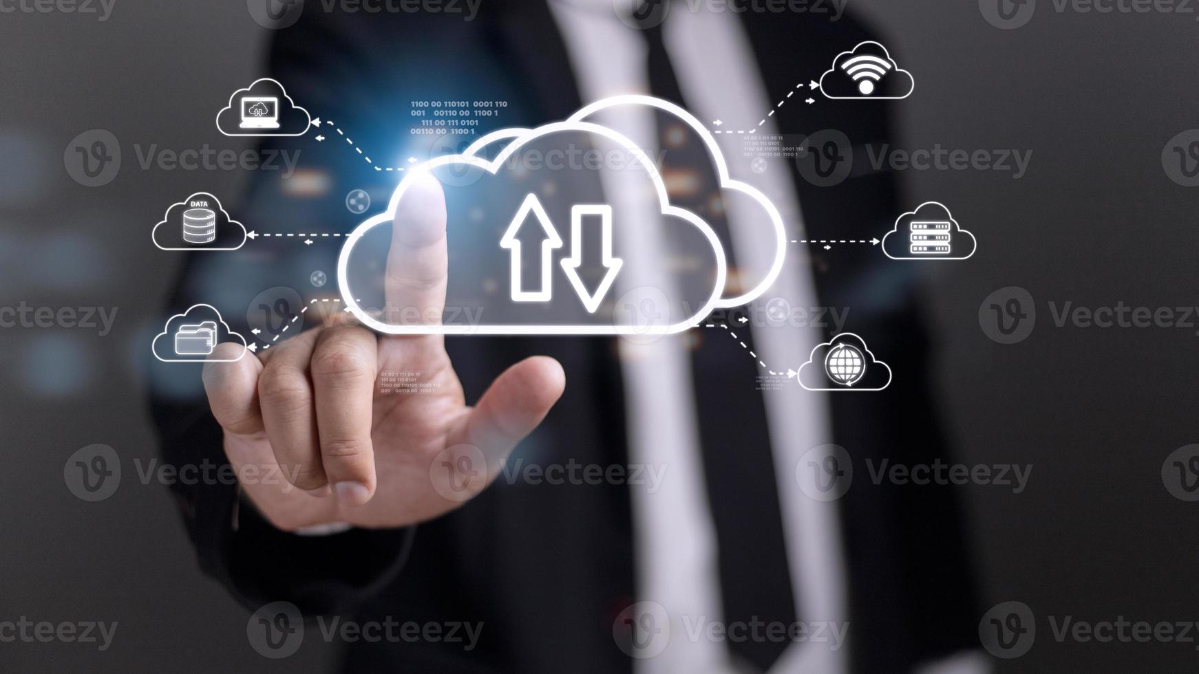 Cloud computing concept - connect to cloud. Businessman or information technologist click on cloud computing icon. photo