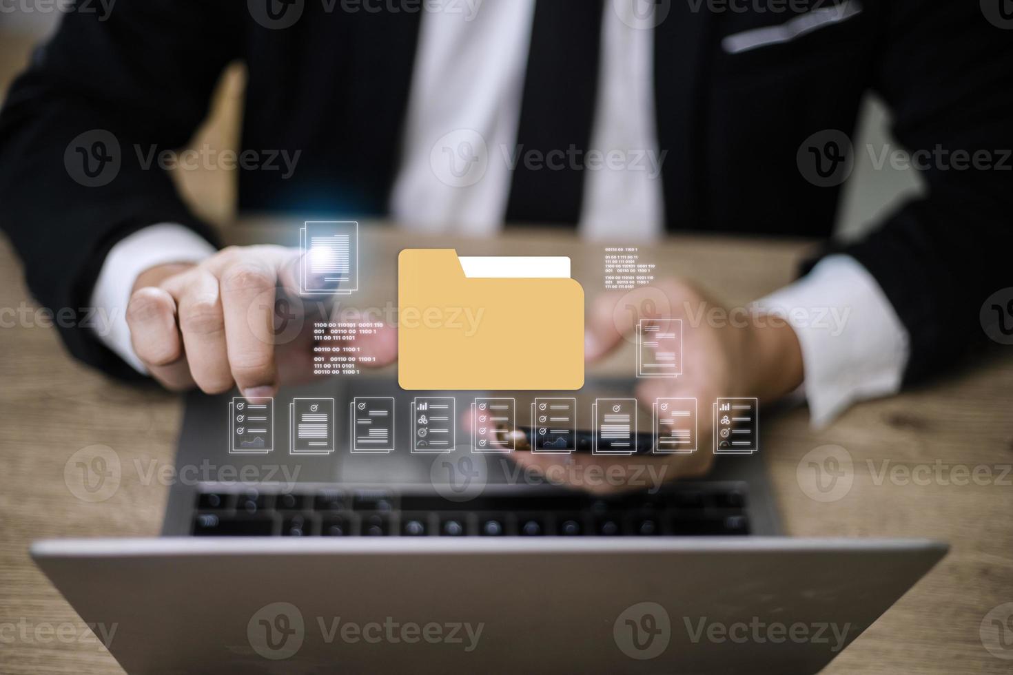 Businessman finger touch digital device, hud hologram with office document icons and binary. Storage of personal data information, online database. Concept of cloud service photo