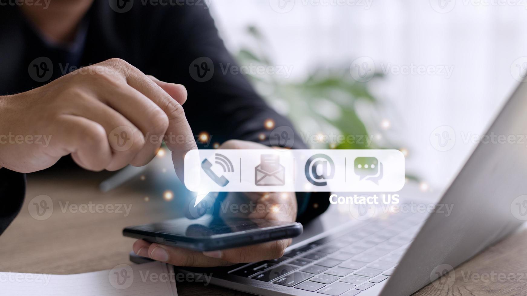 CONTACT US, Hand of people holding mobile smartphone with mail, phone, email, chat  icon. customer support concept, photo