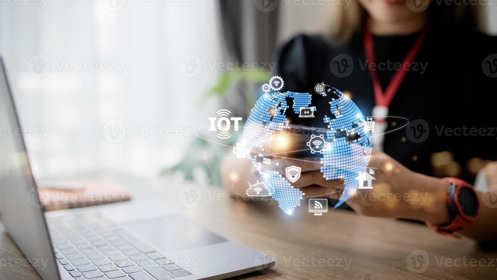 IOT virtual screen interface. Internet of Things or IOT technology concept, with icons of typical IoT. Intelligent house, car, cloud computing, network system, shopping. photo