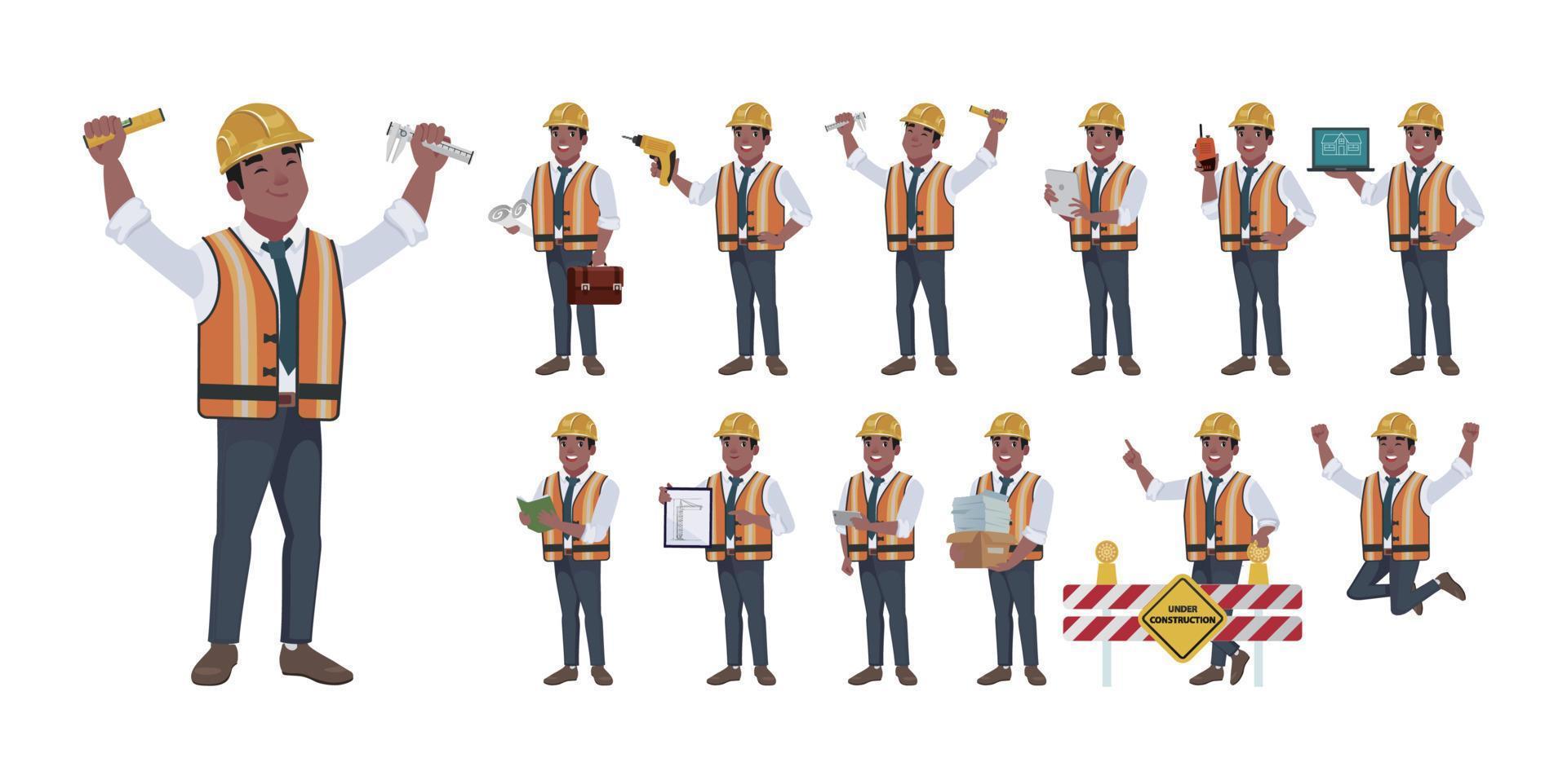 ingeniero de construcción con diferentes poses vector