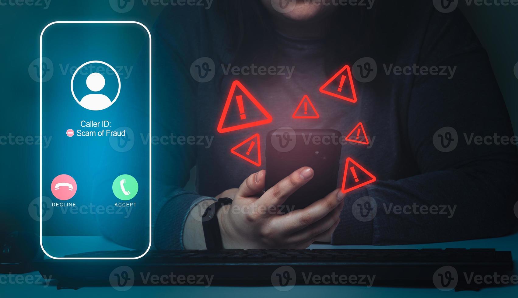 Woman reciving unwanted call on smartphone with red warning icons. Spam, scam, phishing and fraud concept. Security technology. photo