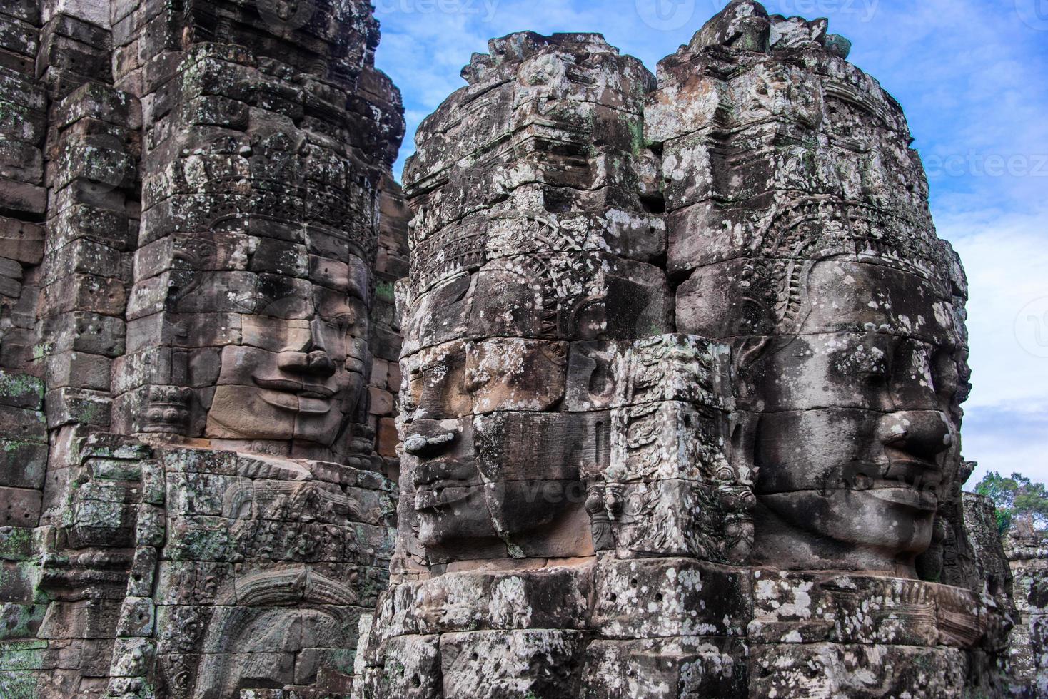 Prasat Bayon with smiling stone faces is the central temple of Angkor Thom Complex, Siem Reap, Cambodia. Ancient Khmer architecture and famous Cambodian landmark, World Heritage. photo