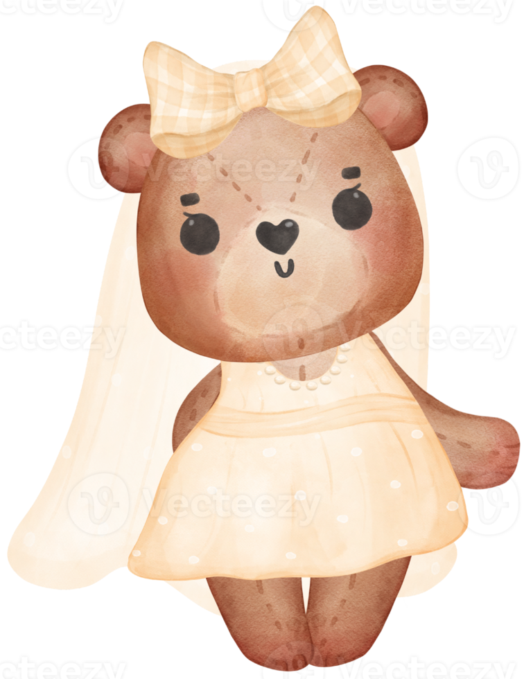 Cute sweet wedding bride teddy bear lady cartoon character watercolour png