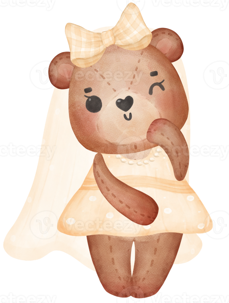 Cute sweet wedding bride teddy bear lady cartoon character watercolour png