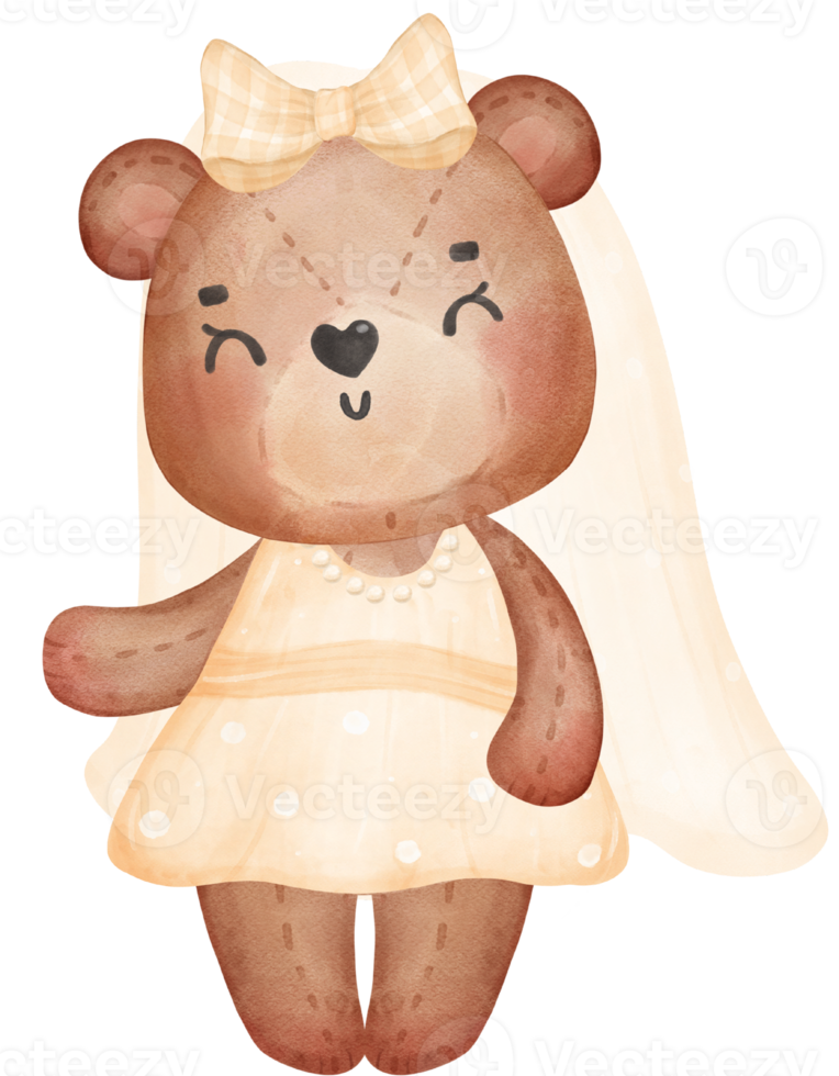 Cute sweet wedding bride teddy bear lady cartoon character watercolour png