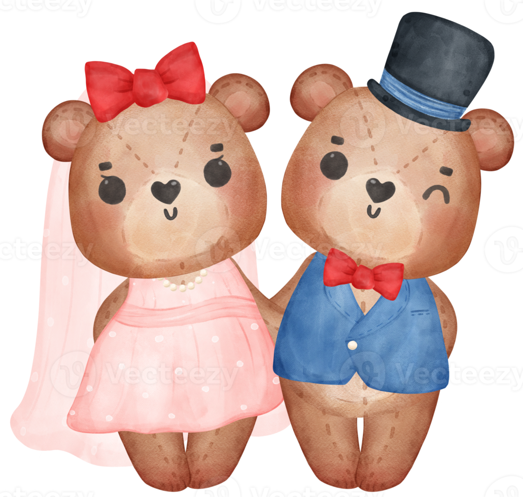 Cute sweet wedding love bride and groom teddy bear cartoon character watercolour png