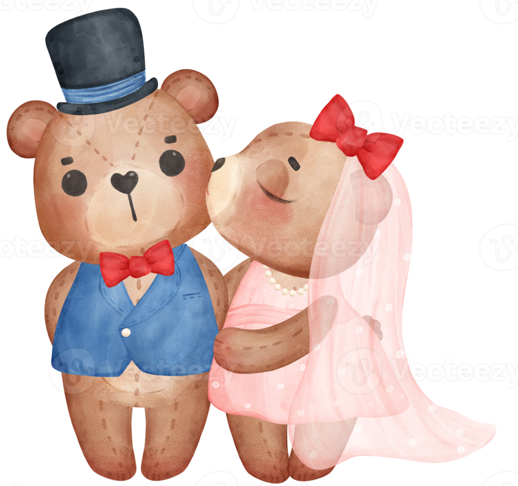 Cute sweet wedding love bride and groom teddy bear cartoon character watercolour png