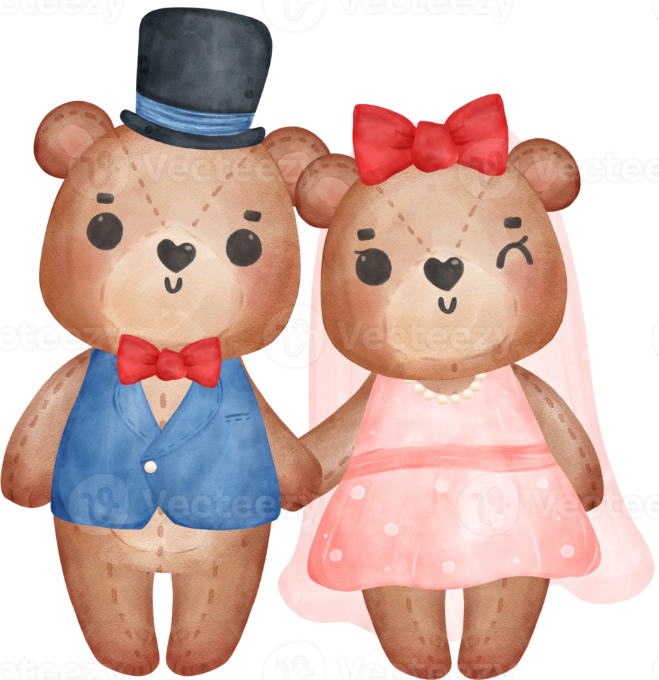 Cute sweet wedding love bride and groom teddy bear cartoon character watercolour png