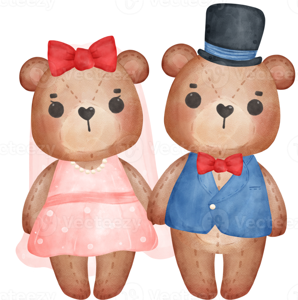 Cute sweet wedding love bride and groom teddy bear cartoon character watercolour png